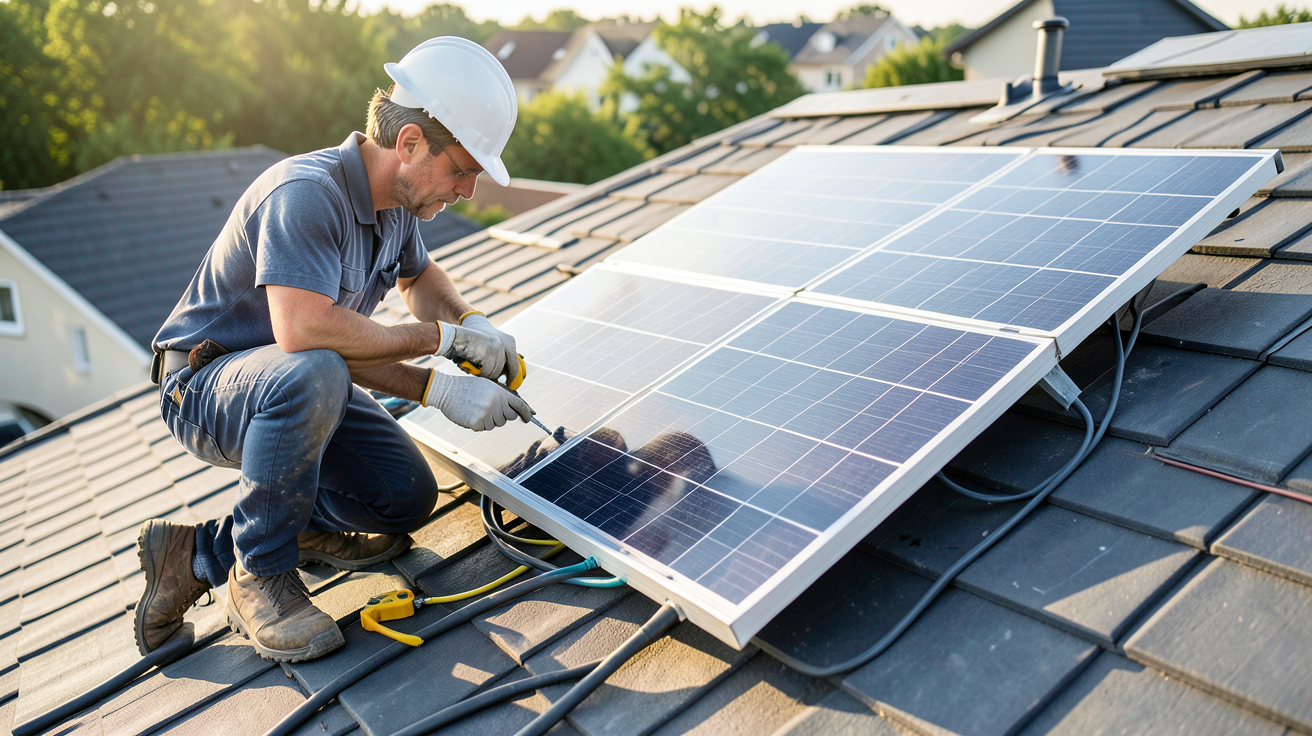 panneau solaire 80W en cours d'installation sur un toit résidentiel par un professionnel