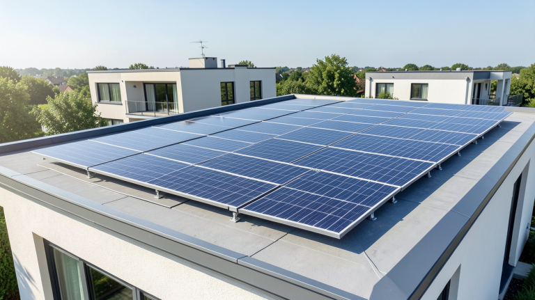 panneau solaire 9 kwc installé sur le toit d'une maison moderne sous un ciel bleu