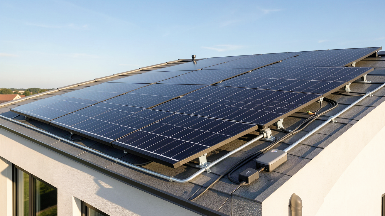 panneau solaire 9 kWc clé en main installé sur le toit d'une maison moderne avec onduleurs et câblage organisé
