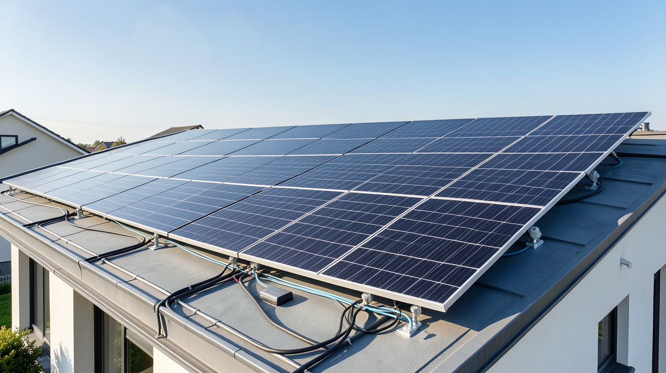 panneau solaire 9 kWc installation complète sur toit de maison moderne avec panneaux photovoltaïques noirs alignés