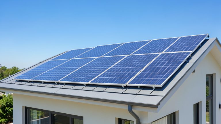 panneau solaire 9kw installé sur le toit d'une maison moderne sous le soleil