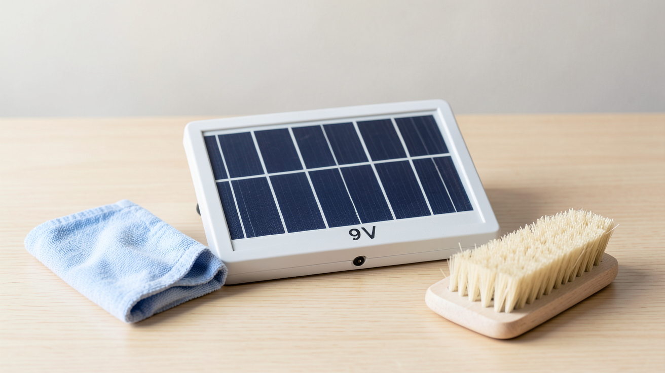 panneau solaire 9V posé sur une surface en bois avec des outils d'entretien à proximité