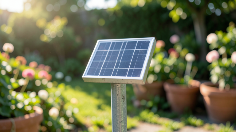 panneau solaire 9v fixé sur un support métallique en extérieur avec une lumière naturelle