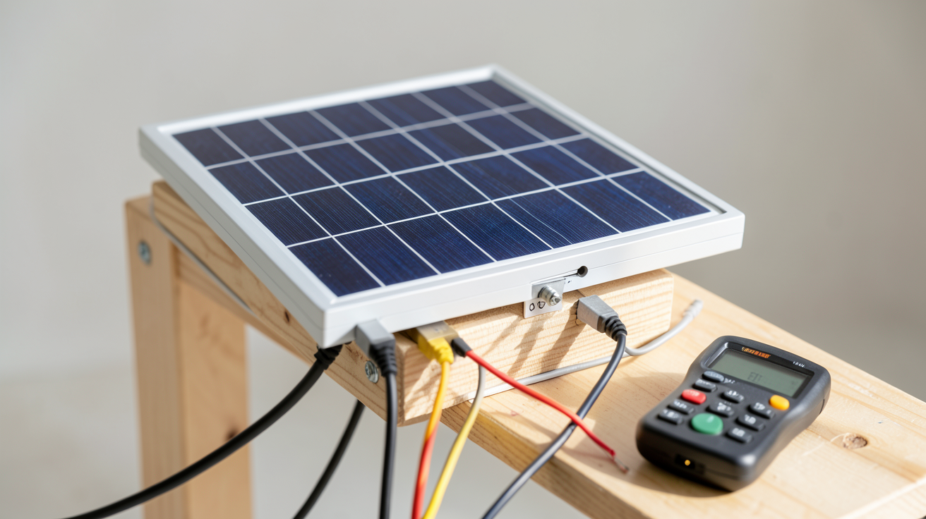 panneau solaire 9V en cours d'installation avec câbles et multimètre affichant la tension