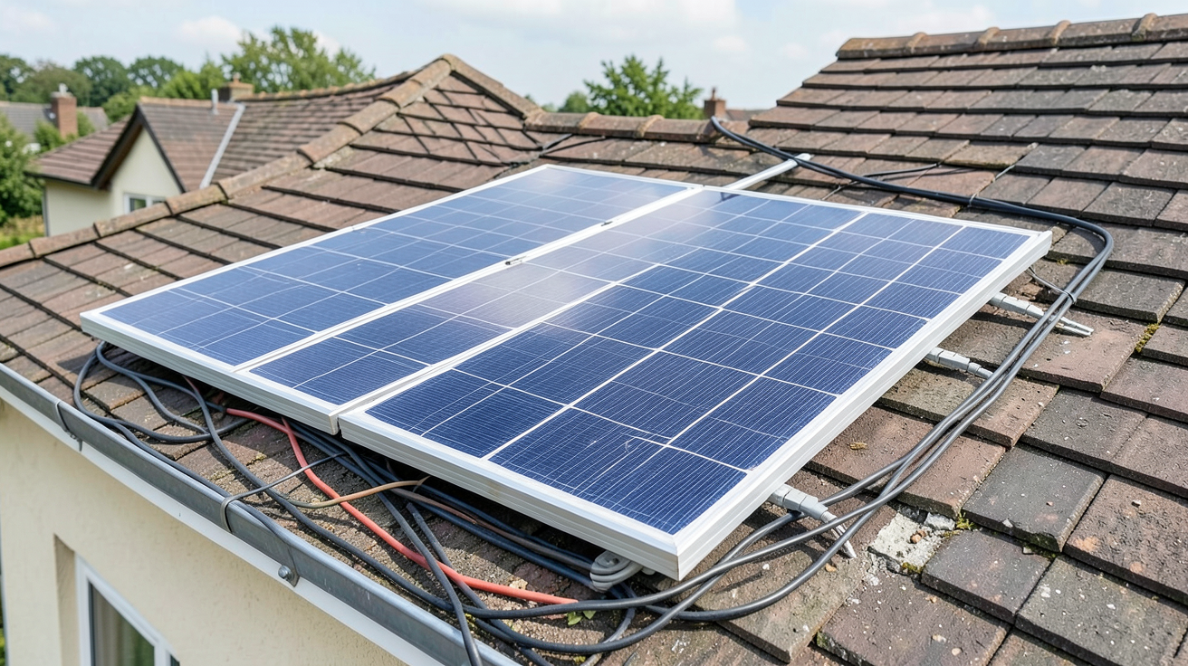 panneau solaire à 1 euro installation trompeuse avec câbles désorganisés sur toit de maison