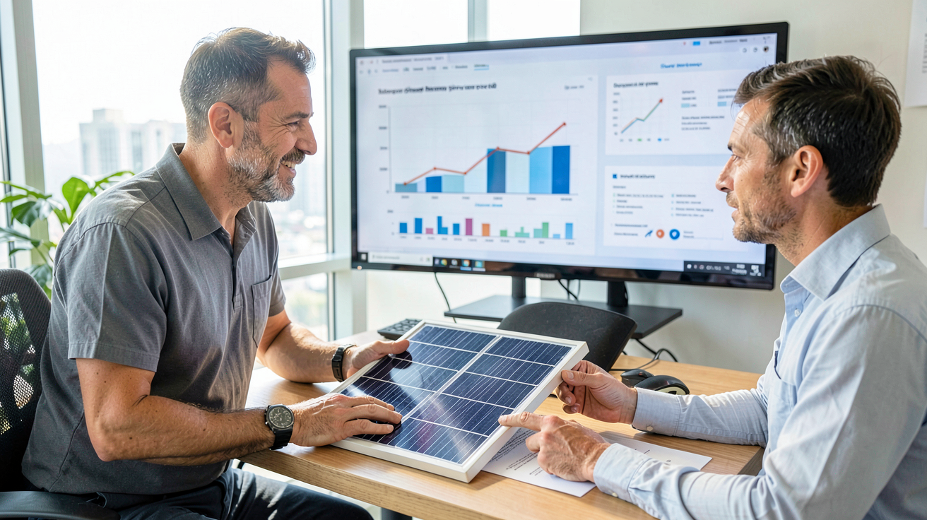 panneau solaire à 1 euro financement 2026 expliqué par un professionnel dans un bureau moderne