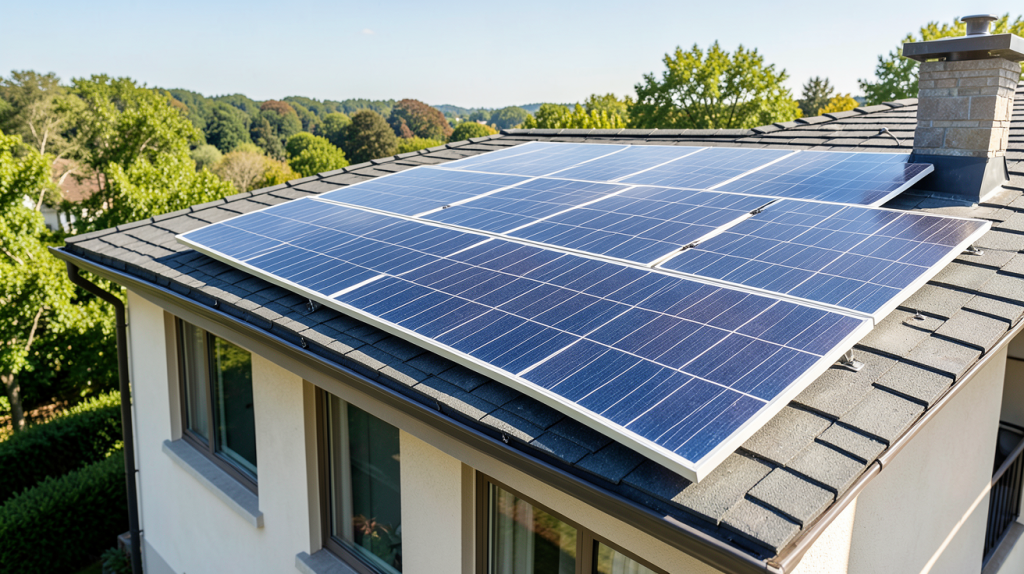 panneau solaire a batterie installé sur le toit d'une maison contemporaine