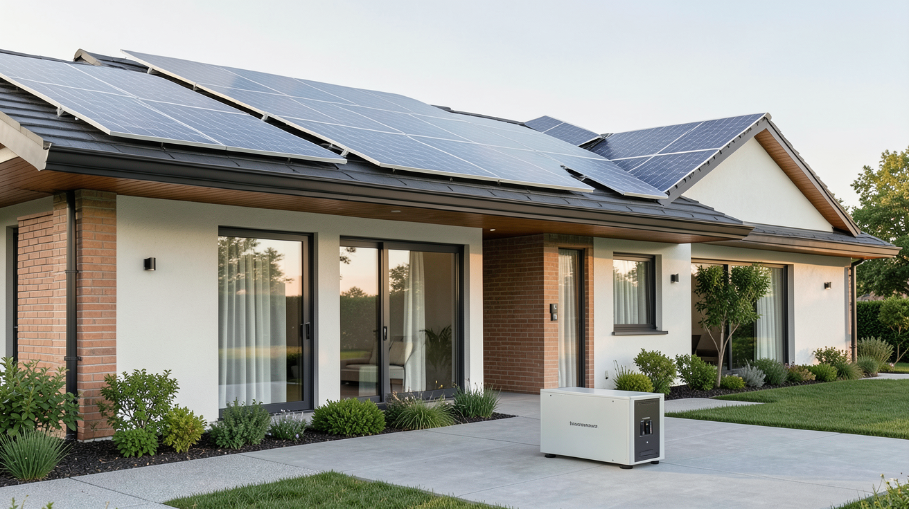 panneau solaire a batterie installé sur le toit d'une maison avec unité de batterie au sol