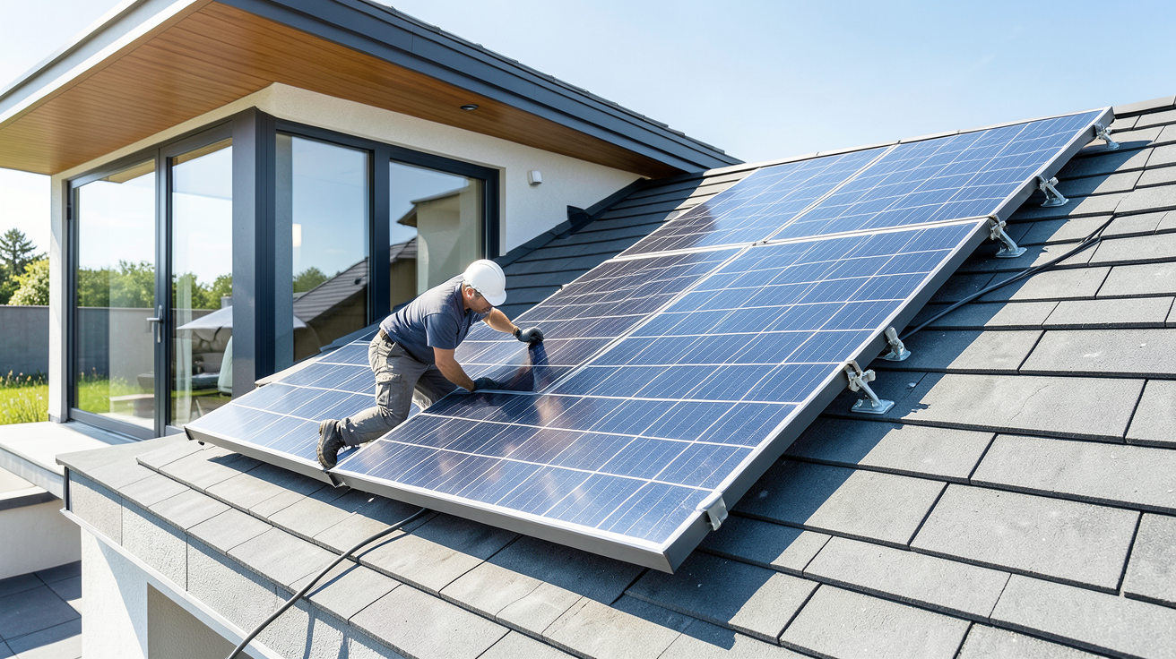 panneau solaire a eau en cours d'installation sur le toit d'une maison par un professionnel.