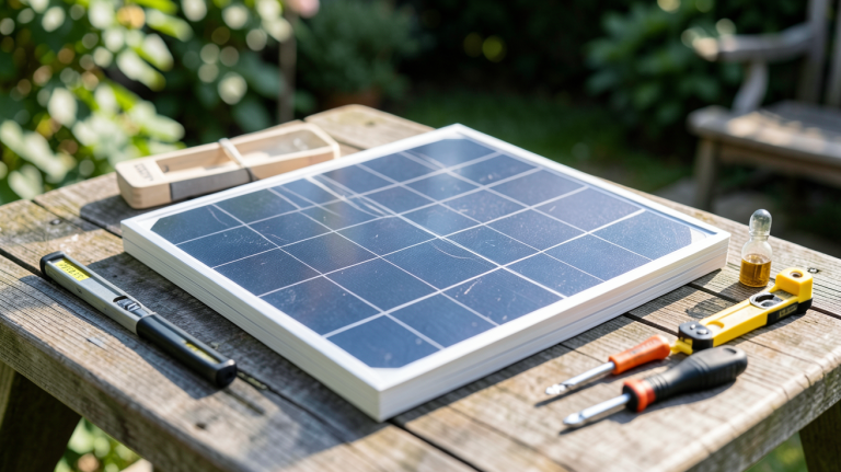 panneau solaire à installer soi-même posé sur une table avec outils de bricolage