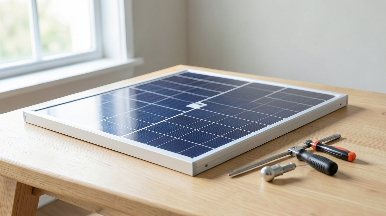 panneau solaire à installer soi même kit de comparaison posé sur une table avec outils de bricolage