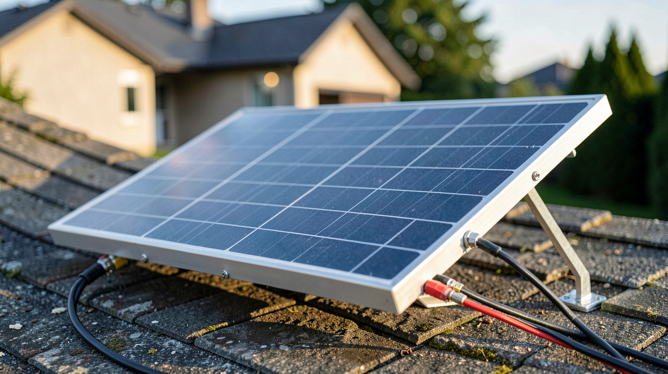 panneau solaire à vendre présentant ses caractéristiques techniques visibles (câbles, connecteurs MC4, cadre en aluminium)