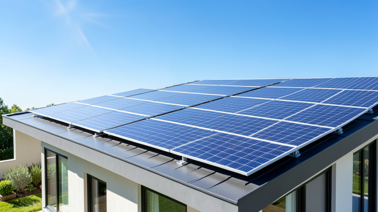 panneau solaire à vendre installé sur le toit d'une maison moderne sous un ciel ensoleillé