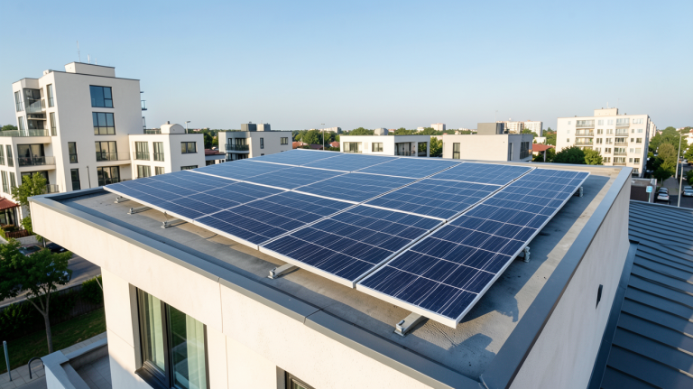 panneau solaire photovoltaïque installé sur le toit d'une maison urbaine moderne pour un achat énergétique
