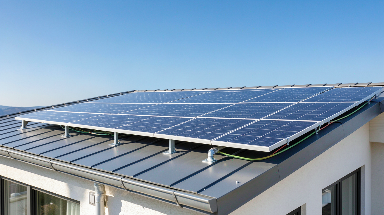 panneau solaire aérovoltaïque installé sur le toit d'une maison moderne avec système de ventilation intégré