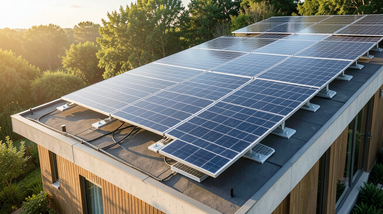 panneau solaire aérovoltaïque installé sur le toit d'une maison écologique