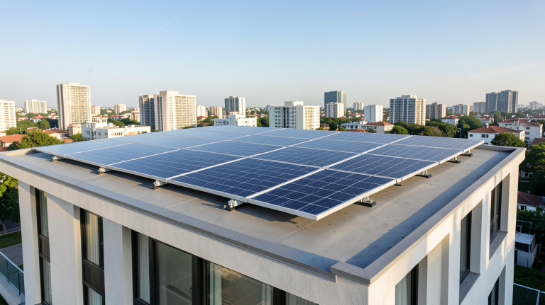 panneau solaire aérovoltaïque installé sur le toit d'une maison urbaine moderne