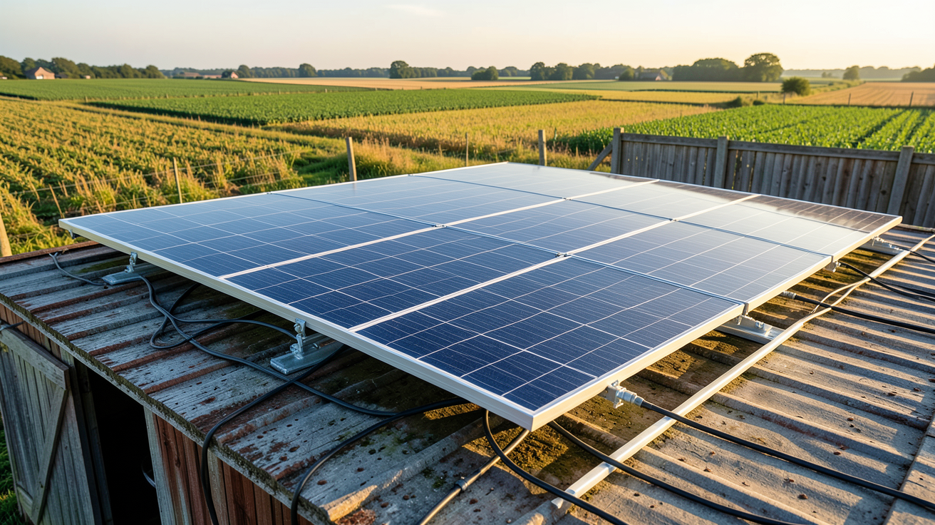 panneau solaire agricole installé sur le toit d'une ferme avec des champs en arrière-plan
