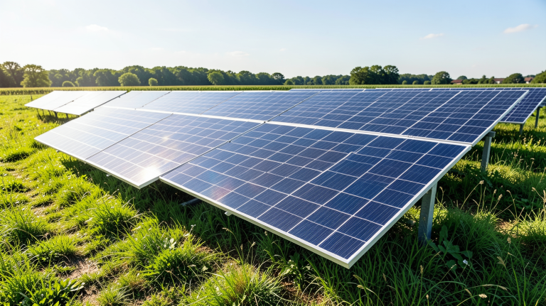 panneau solaire agricole installé dans un champ de culture sous un ciel bleu.