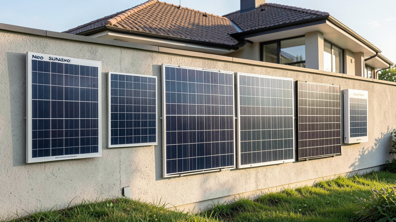 panneau solaire air chaud de différents types incluant Neo Sol'air, SUNAERO et SolarVenti installés sur un mur extérieur