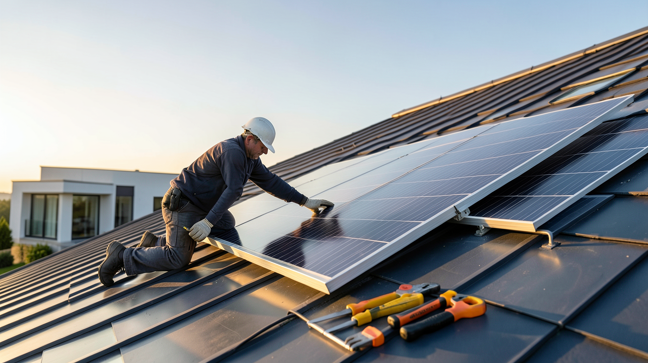 panneau solaire air chaud en cours d'installation sur un toit par un technicien