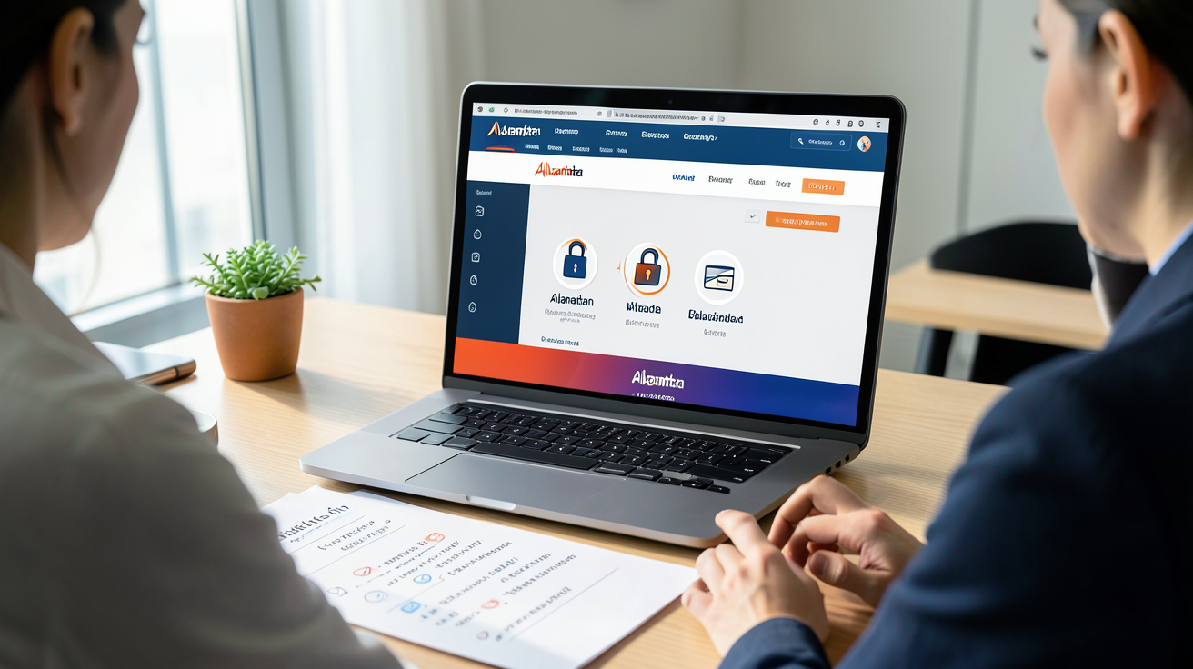 panneau solaire alibaba illustrant les étapes clés pour acheter en toute sécurité sur la plateforme, avec un écran d'ordinateur et des icônes de paiement sécurisées