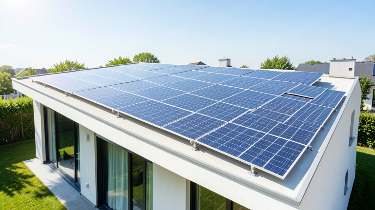 panneau solaire alibaba installé sur le toit d'une maison moderne sous un ciel clair.