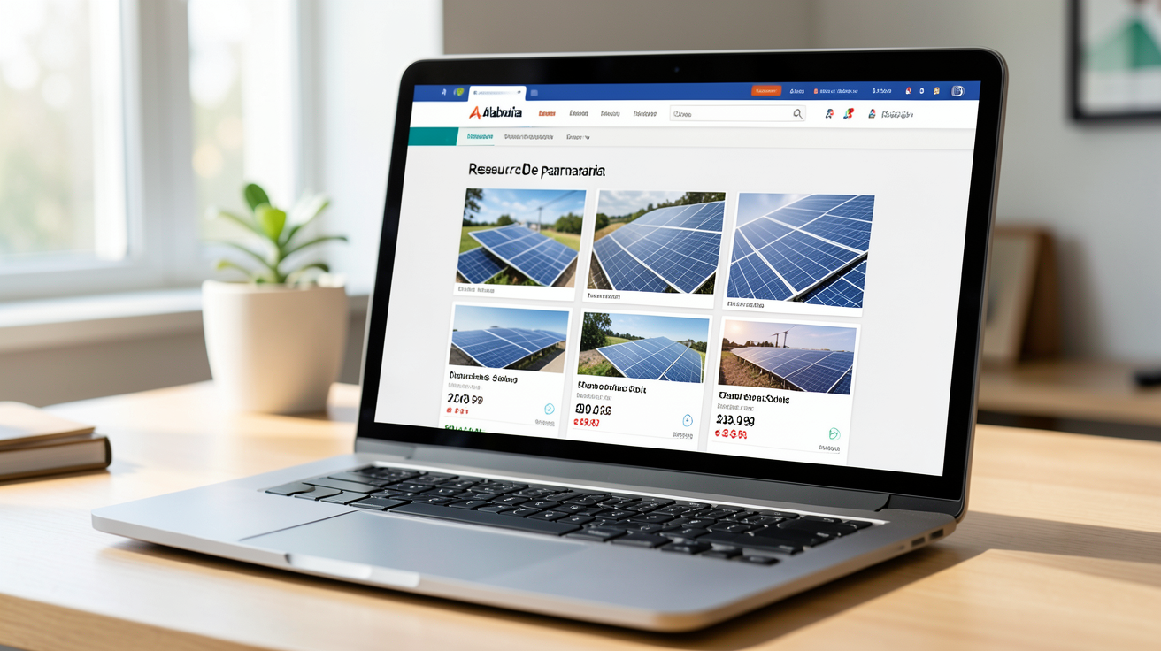 panneau solaire alibaba affichant les prix des panneaux solaires sur le site Alibaba, avec un ordinateur portable et un tableau comparatif détaillé