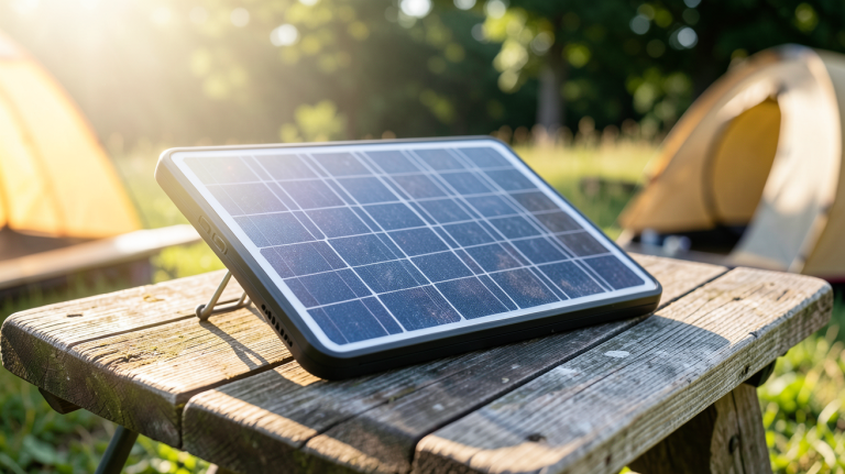 panneau solaire aliexpress posé sur une table en extérieur sous le soleil