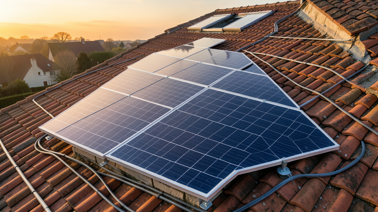 panneau solaire allemand installé sur une toiture résidentielle en France, vue en contre-plongée avec lumière dorée du coucher de soleil