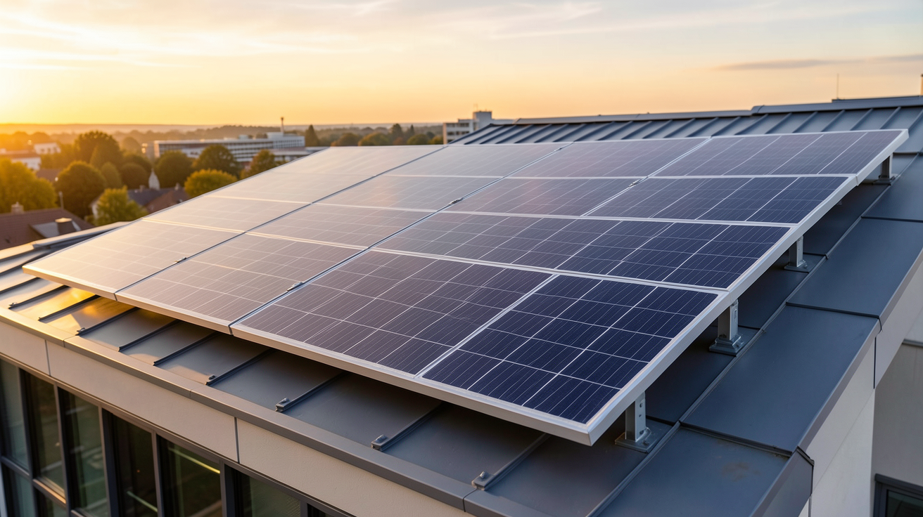 panneau solaire allemand de technologie de pointe installé sur le toit d'un bâtiment moderne en Allemagne