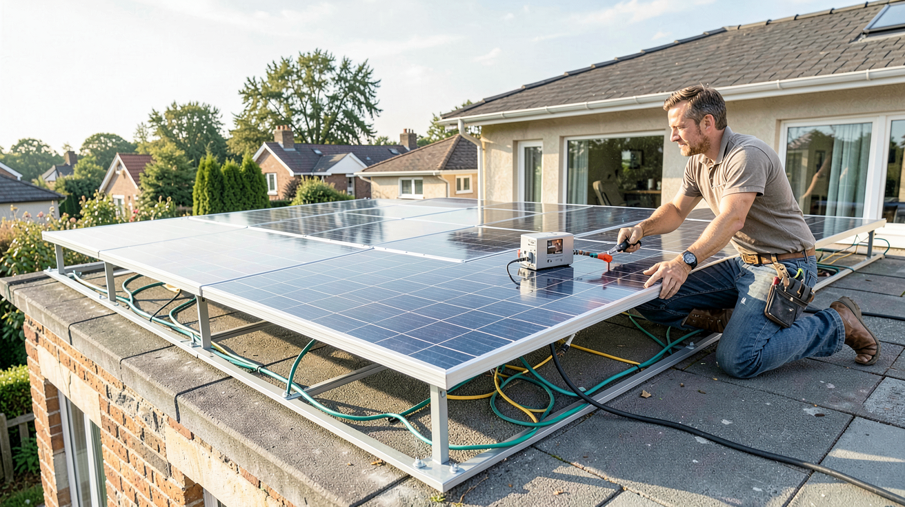 panneau solaire Amazon en cours d'installation sur un toit de maison résidentielle