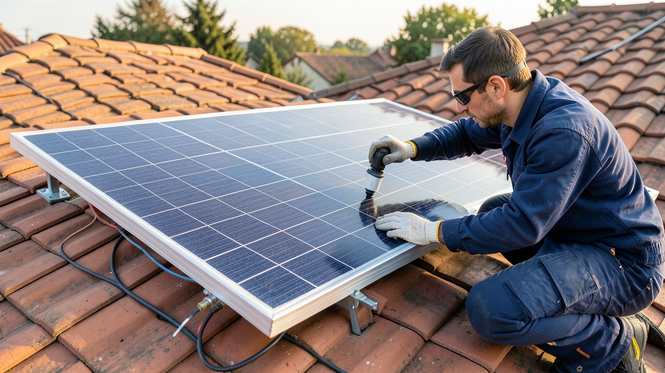 panneau solaire pas cher installé sur un toit résidentiel par une personne en train de suivre un guide d'installation