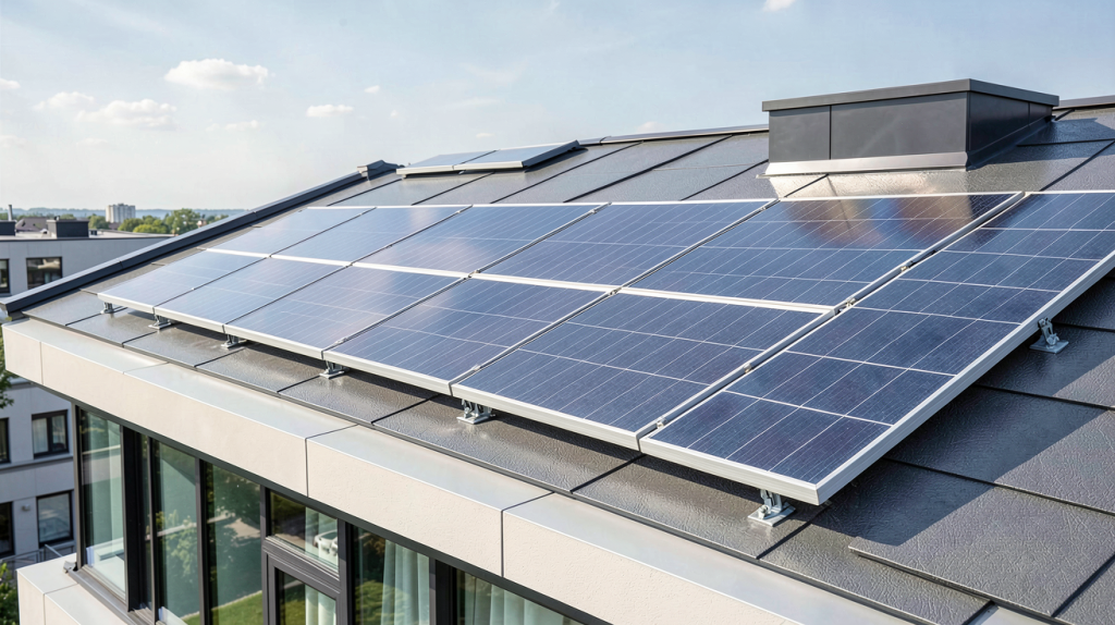 panneau solaire amazon installé sur le toit d'un bâtiment moderne, capturé en haute résolution