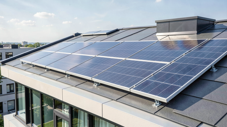 panneau solaire amazon installé sur le toit d'un bâtiment moderne, capturé en haute résolution