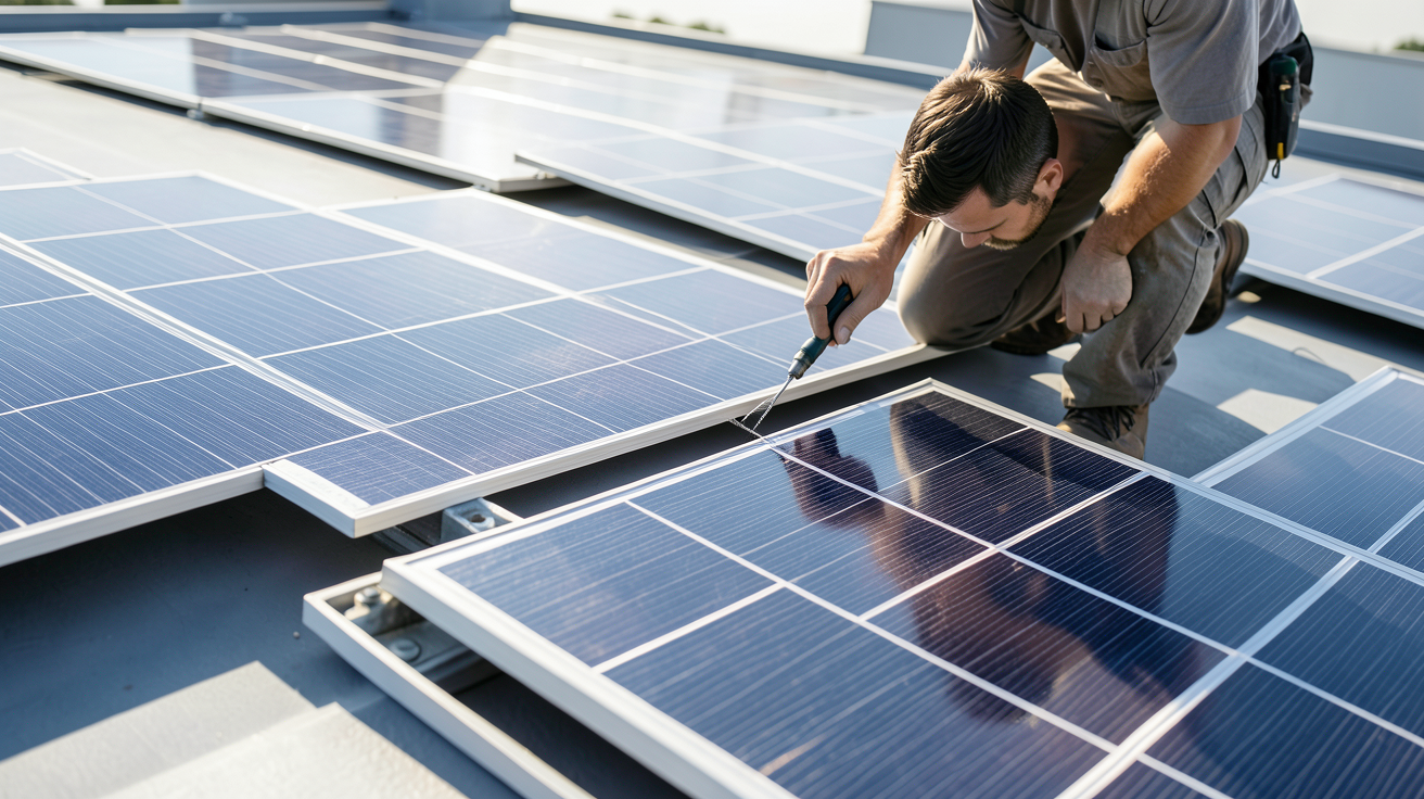panneau solaire amorphe en cours d'installation par un expert sur un toit