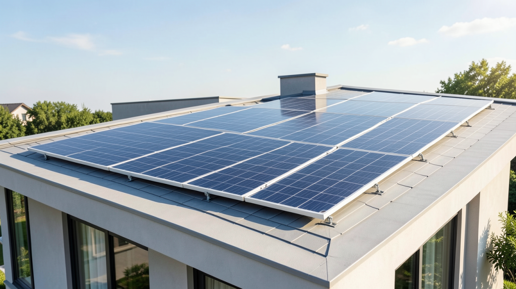 panneau solaire amorphe installé sur le toit d'une maison moderne
