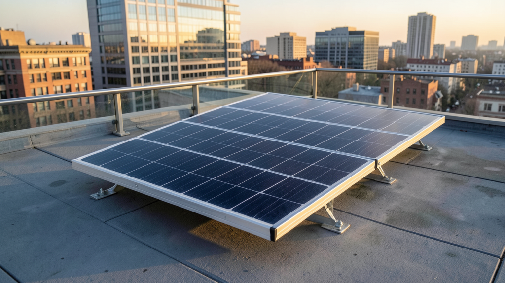 panneau solaire amovible installé sur une terrasse urbaine en ville
