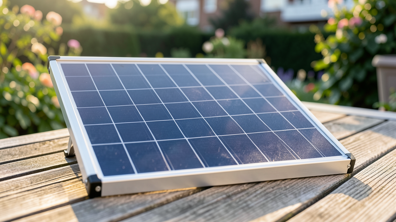 panneau solaire amovible posé sur une terrasse en bois avec vue sur un jardin urbain