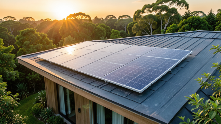 panneau solaire Antarion installé sur le toit d'une maison écologique avec une lumière naturelle dorée