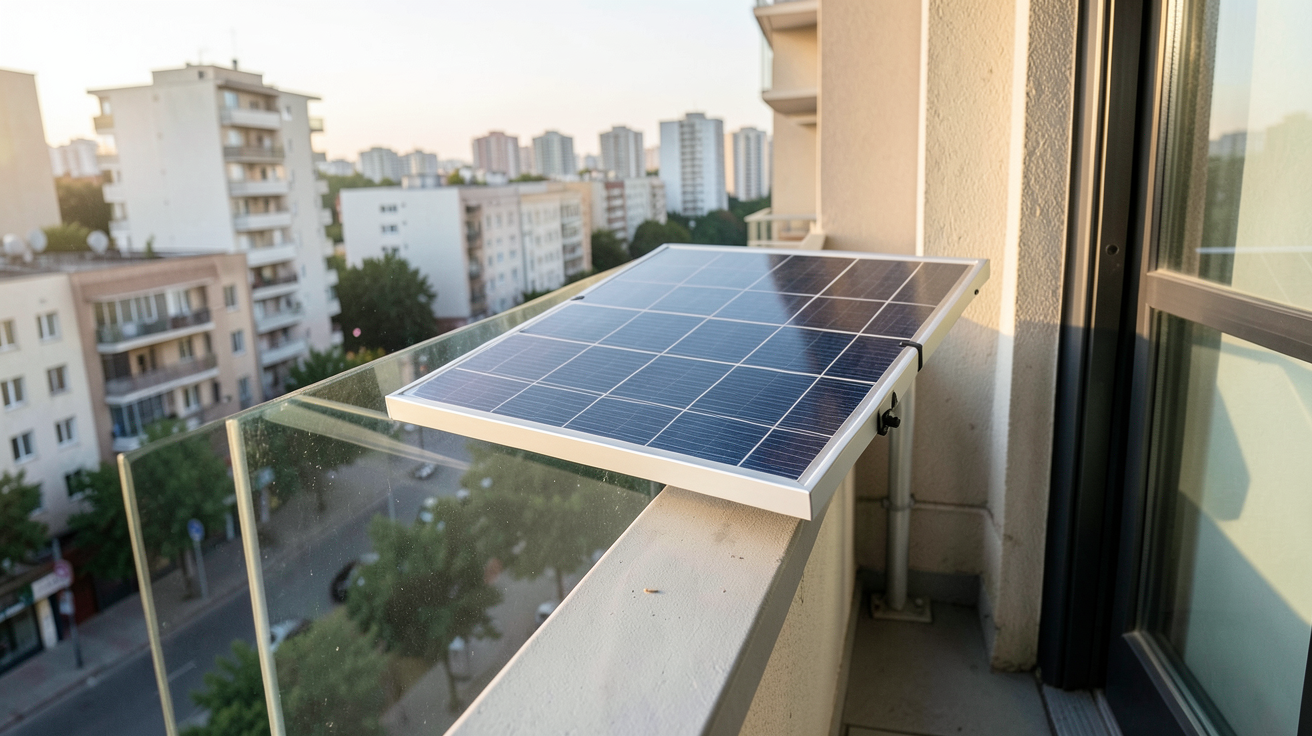 panneau solaire installé sur un balcon d'appartement en ville illustrant les aides financières disponibles