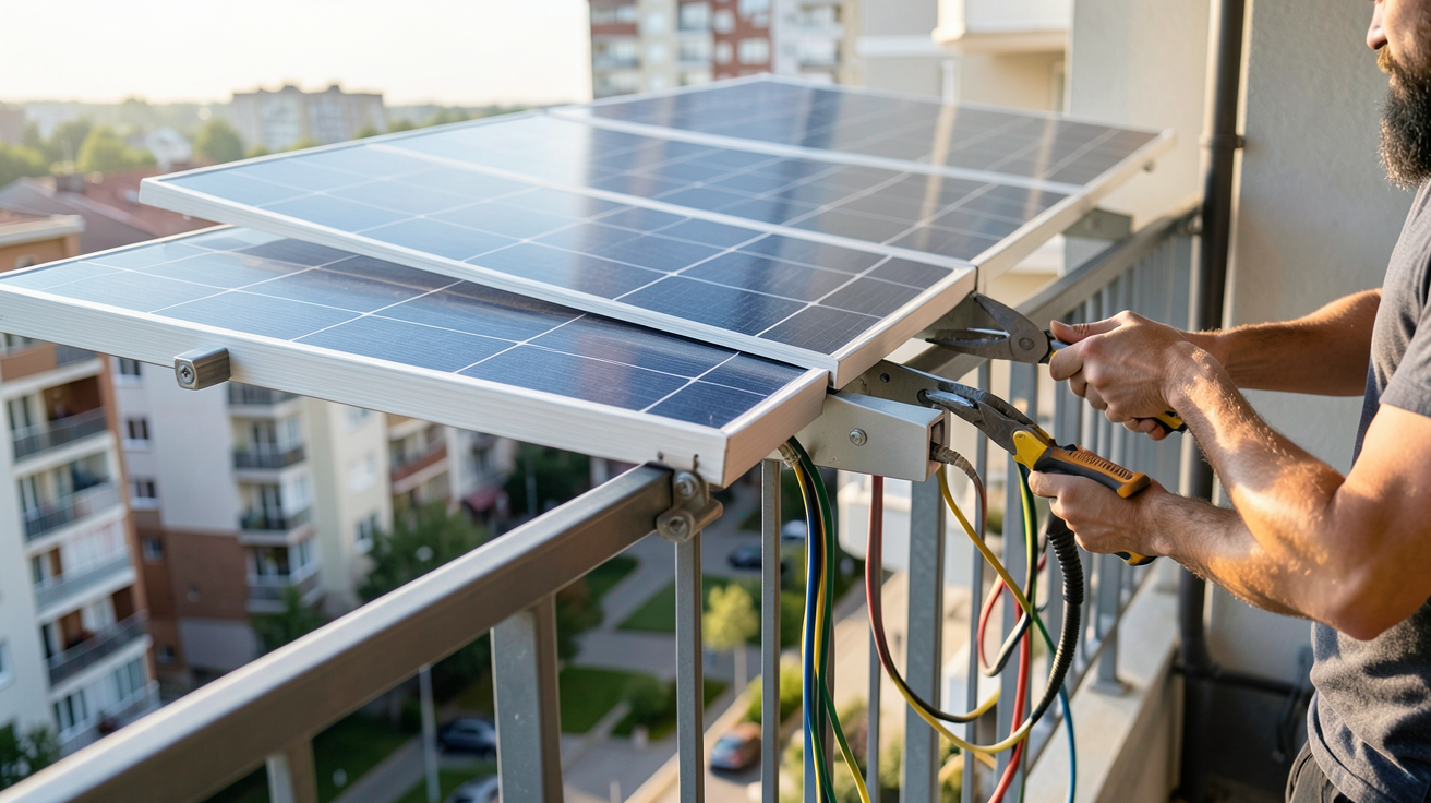 panneau solaire installé sur un balcon d'appartement en cours de fixation avec outils professionnels