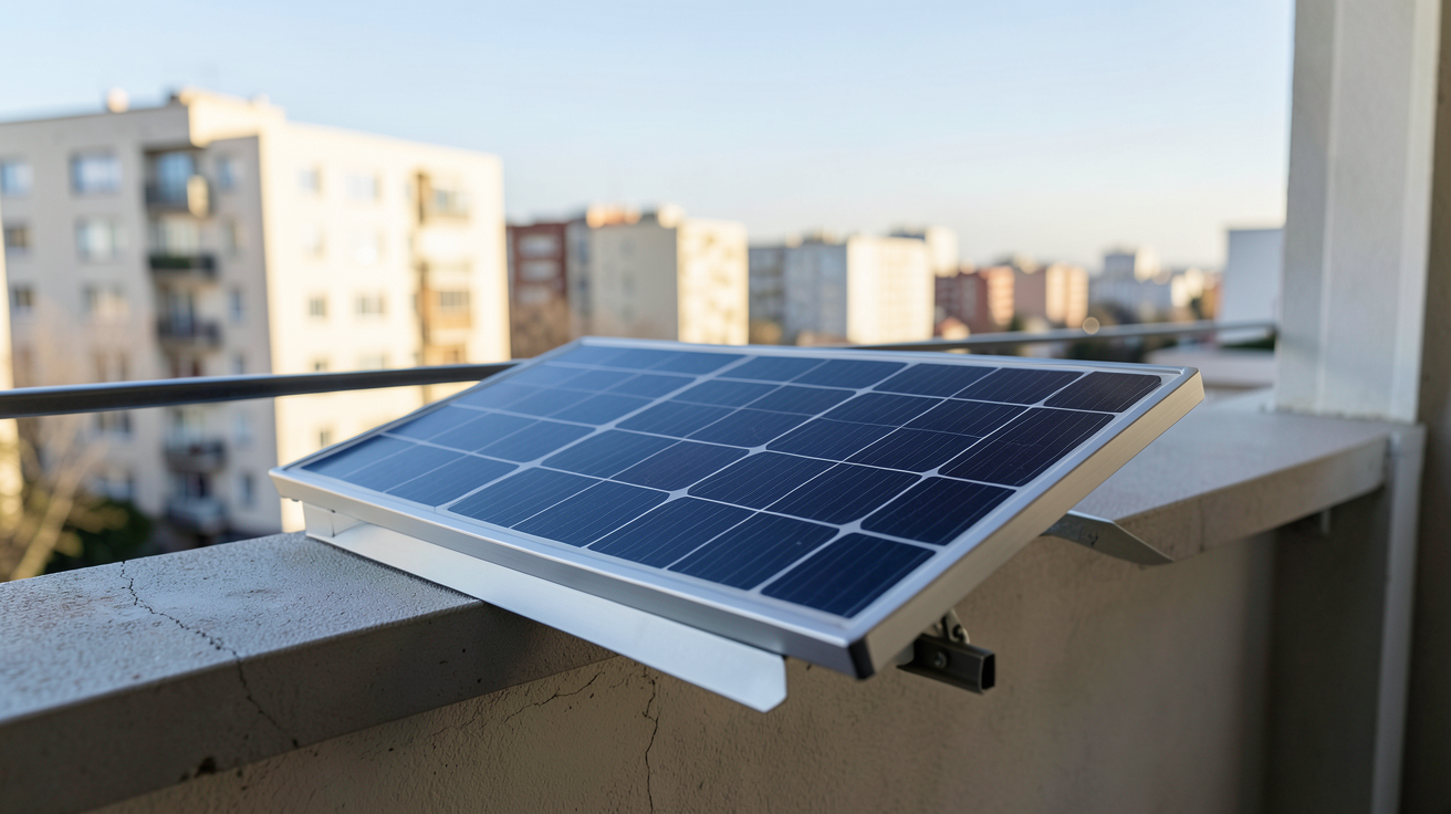 panneau solaire installé sur un balcon d'appartement en milieu urbain