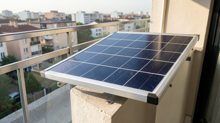 panneau solaire compact installé sur un balcon d'appartement en milieu urbain