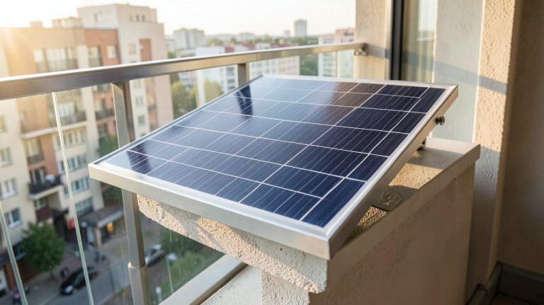 panneau solaire compact installé sur un balcon d'appartement en milieu urbain