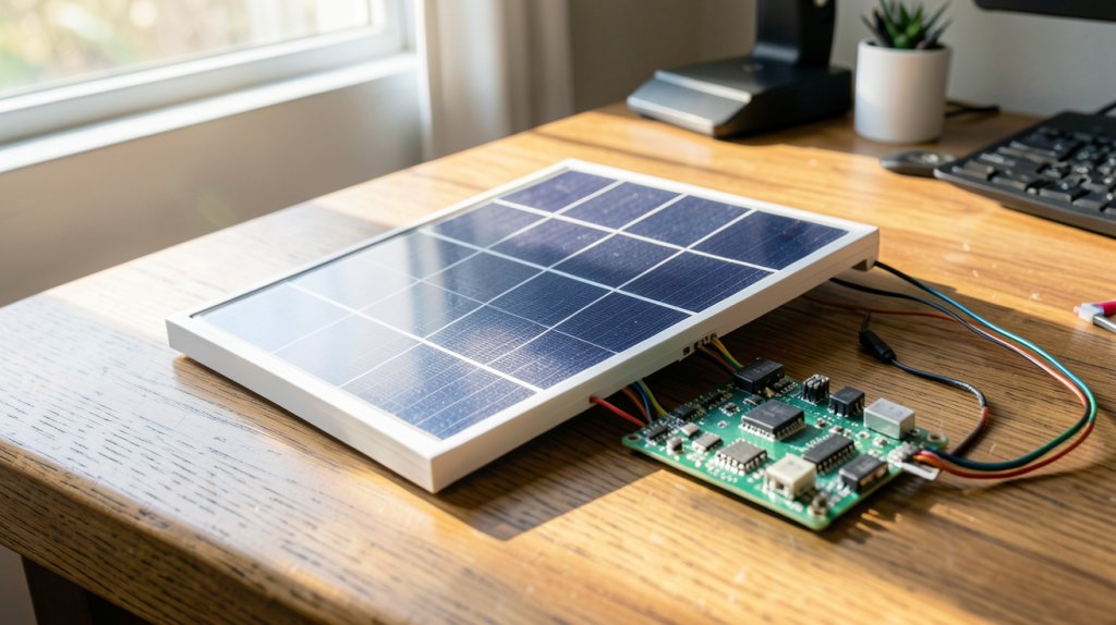 panneau solaire arduino connecté à une carte électronique sur un bureau en bois