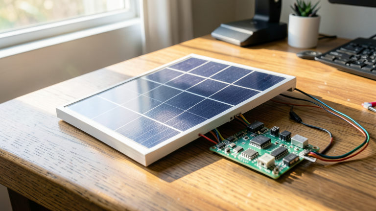panneau solaire arduino connecté à une carte électronique sur un bureau en bois