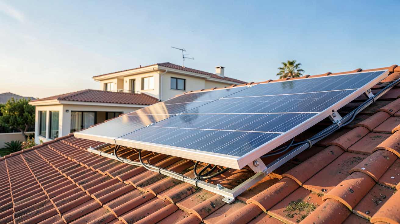 panneau solaire Arlo installé sur un toit en tuiles rouges avec guide d'installation visible