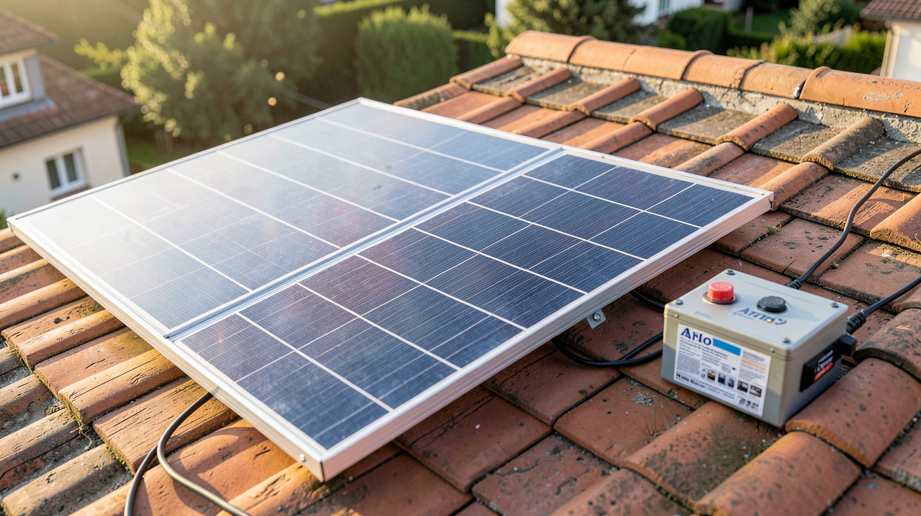 panneau solaire Arlo installé sur un toit comparé à des panneaux solaires classiques et une batterie externe