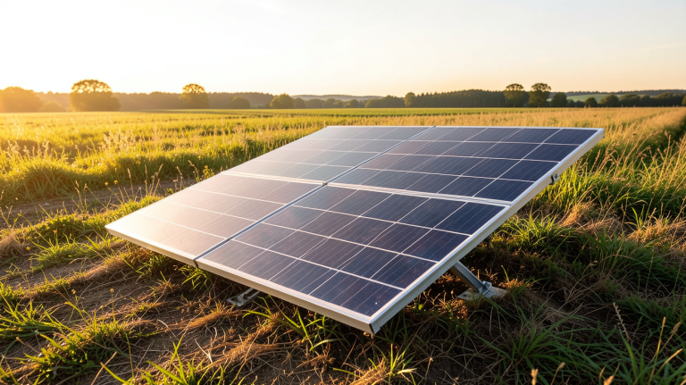 panneau solaire au sol installé dans un champ ensoleillé avec des détails techniques visibles